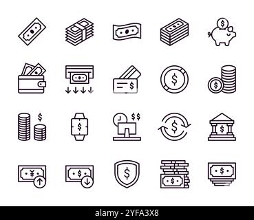 Icônes argent. Paiement bancaire en dollars. Carte de crédit ou portefeuille avec monnaie. Paiement à un GAB. Sac d'épargne. Pile de billets de banque. Bourse de commerce. S financiers Illustration de Vecteur