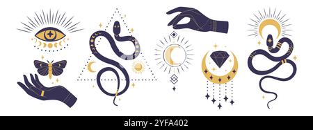 Logo Mystic. Oeil, main femelle tenir le soleil et l'icône de serpent, boho tarot lune dans les lignes ésotériques. Collection de symboles mystérieux occultes de femme spirituelle. Vecteur si Illustration de Vecteur