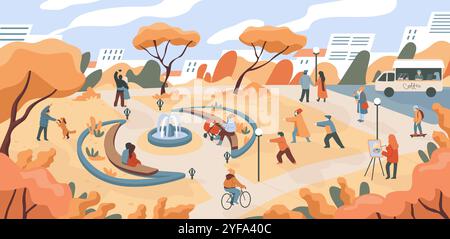 Parc d'automne. Personnages de gens marchent dans la nature. Feuilles d'arbres d'automne. Homme jouant avec le chien. Style de vie heureux. Bicyclette d'équitation pour femme. Enfant sur skateboard. Illustration de Vecteur