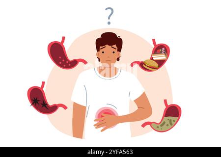 Les problèmes digestifs chez l'homme debout parmi les estomacs sont causés par des raisons inconnues. Illustration de Vecteur