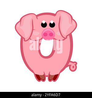 Dessin animé numéro 0 comme le cochon rose, figure zéro. Dessin animé de nombre avec un concept animal. Calligraphie, lettrage, typographie pour vos cartes Education ou Illustration de Vecteur