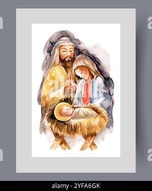 Icône avec jésus de noël et vierge marie près de l'homme priant sur le mur fermé Illustration aquarelle Illustration de Vecteur