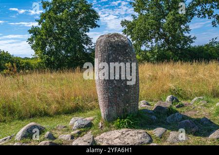 La pierre de rune Karlevi, probablement de l'âge viking vers 1000, près de Färjestaden sur l'île de Öland, Kalmar län, Suède. Banque D'Images