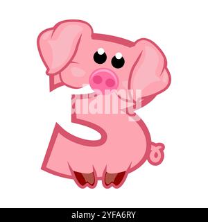 Dessin animé numéro 3 comme le cochon rose, figure trois. Dessin animé de nombre avec un concept animal. Calligraphie, lettrage, typographie pour vos cartes Education ou Illustration de Vecteur