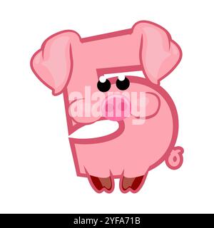 Dessin animé numéro 5 comme le cochon rose, figure cinq. Dessin animé de nombre avec un concept animal. Calligraphie, lettrage, typographie pour vos cartes Education ou Illustration de Vecteur
