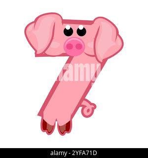Dessin animé numéro 7 comme le cochon rose, figure sept. Dessin animé de nombre avec un concept animal. Calligraphie, lettrage, typographie pour vos cartes Education ou Illustration de Vecteur