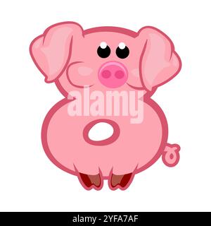 Dessin animé numéro 8 comme le cochon rose, chiffre huit. Dessin animé de nombre avec un concept animal. Calligraphie, lettrage, typographie pour vos cartes Education ou Illustration de Vecteur