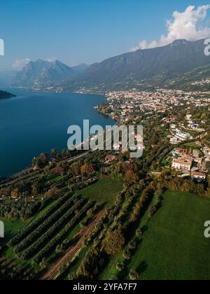 Vue aérienne d'une ville au bord du lac avec des champs cultivés et des oliveraies, niché entre des collines verdoyantes et un lac bleu clair, avec des montagnes lointaines fram Banque D'Images