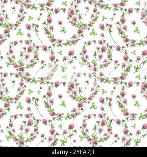 Motif sans couture de bouquets de brindilles de fleur de trèfle rose. Illustration aquarelle. Fleurs sauvages de champ dessinées à la main bourgeons et feuilles tissu floral, papier peint Banque D'Images