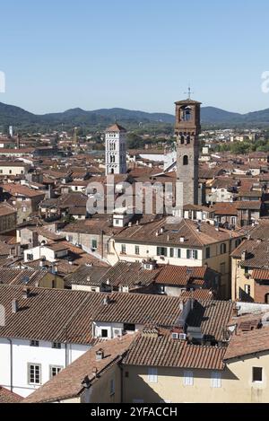 Paysage urbain avec les toits de la ville de Lucques depuis la tour Torre Ginigi. Toscane centre de l'Italie Banque D'Images