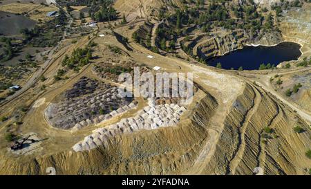 Drone aérienne de mine de cuivre abandonnée avec de l'eau rouge toxique. Pollution environnementale contamination des terres Mitsero chypre Banque D'Images