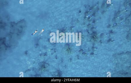 Groupe de plongeurs plongée en apnée sur la surface de la mer au-dessus de la statue musée sous-marin. Ayia napa Chypre Europe Banque D'Images