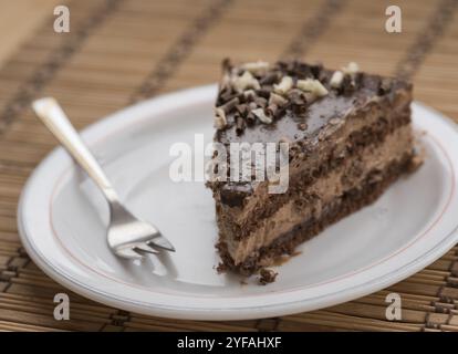 Tranche de délicieux gâteau au chocolat frais sur une assiette garnie de noix et d'une petite fourchette Banque D'Images