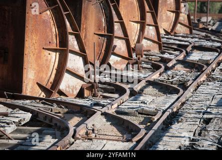 Détails de la plate-forme de chemin de fer de transport métallique rouillée d'une mine abandonnée Banque D'Images