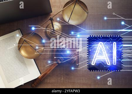 Intelligence artificielle et droit. Abréviation AI et table du juge avec marteau et échelles de justice Banque D'Images