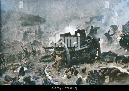 Artillerie allemande attaquée par l’infanterie française sous des pluies torrentielles, Argonne, France, première Guerre mondiale, dessin de Paul Thiriat, de L’Illustrazione Italiana, 8 novembre 1914 - coloration numérique Banque D'Images