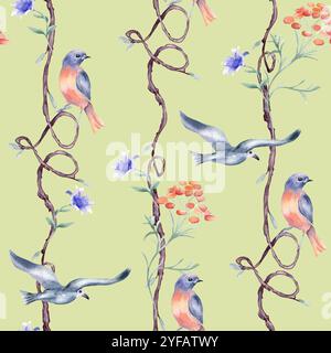 Oiseaux de couleurs rouge et bleue sur branches répétées par aquarelle isolés. Fond de nature avec arbre sans couture et forme de coeur, fleurs, main de birdie Banque D'Images