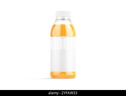 Bouteille de jus d'orange en plastique vierge de 16 oz avec maquette d'étiquette blanche, rendu 3D. Paquet transparent vide avec maquette de nectar d'agrumes, isolé, vue de face Banque D'Images