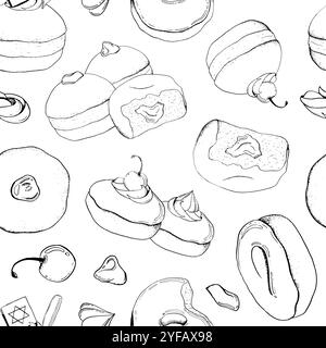 Hanukkah Donuts modèle sans couture en noir et blanc Illustration de Vecteur