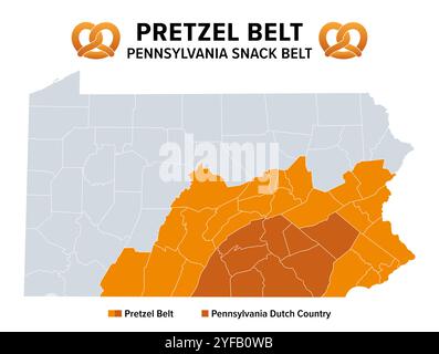 Bretzel Belt, ou Pennsylvania Snack Belt, carte politique. Région culturelle de l'État américain de Pennsylvanie. Banque D'Images