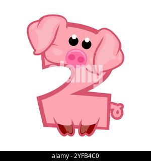 Dessin animé numéro 2 comme le cochon rose, figure deux. Dessin animé de nombre avec un concept animal. Calligraphie, lettrage, typographie pour vos cartes Education ou Illustration de Vecteur