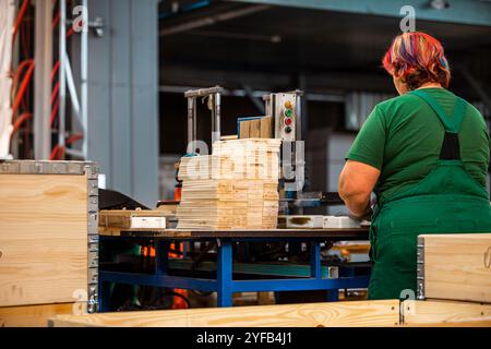 Ouvrier manipulant des piles de planches de bois dans une usine de travail du bois, préparant des matériaux pour un traitement ultérieur sous éclairage industriel Banque D'Images