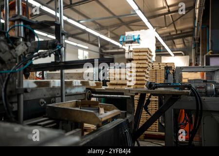 Ouvrier manipulant des piles de planches de bois dans une usine de travail du bois, préparant des matériaux pour un traitement ultérieur sous éclairage industriel Banque D'Images