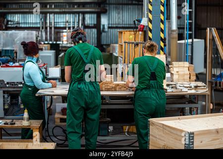 Ouvrier manipulant des piles de planches de bois dans une usine de travail du bois, préparant des matériaux pour un traitement ultérieur sous éclairage industriel Banque D'Images