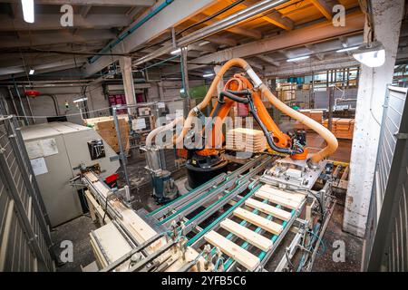 bras robotisé industriel dans une usine de travail du bois, mettant en évidence l'automatisation avancée dans le traitement du bois et la manutention des matériaux Banque D'Images