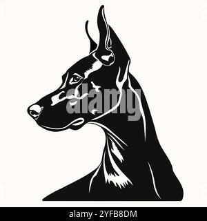 Silhouette Doberman chien isolé sur fond. Portrait d'animaux noir et blanc pour logo de conception, impression, icône Illustration de Vecteur
