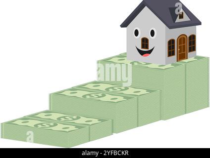 La maison se trouve sur le dessus de la pile plus élevée de l'argent, bancaire, financier, prêt, concept de prix de la maison. illustration vectorielle isolée sur fond blanc. Illustration de Vecteur
