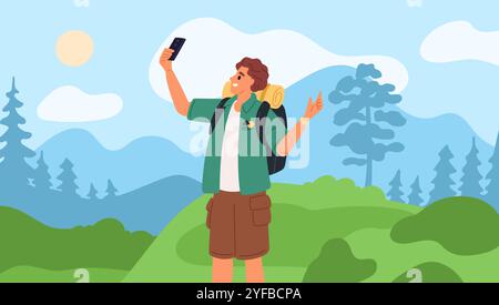 Touriste prend selfie. Guy photographiant sur smartphone caméra frontale dans la nature. Photo de voyage mémorable. Autoportrait. Vacances de randonnée. Photographie forestière Illustration de Vecteur