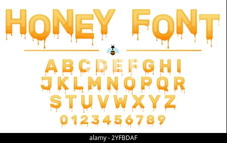 Police Honey avec des gouttes et des gouttes. Liquide visqueux sucré. Fusion des lettres et des chiffres. Alphabet jaune sirop de dessin animé. Lettrage de nourriture pour abeilles. Texte en majuscules Illustration de Vecteur