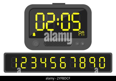 Horloge numérique numéros jaunes. Affichage ELECTRONIQUE pour montre-alarme. Écran lumineux design rétro. Police d'éclairage électrique. Symboles néon PM. Compte à rebours du chronomètre Illustration de Vecteur