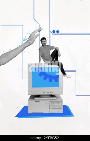 Collage photo d'image d'esquisse de tendance composite de l'objectif de moniteur d'ordinateur de travail à distance d'affaires cible jeune homme assis affichage roue dentée Banque D'Images