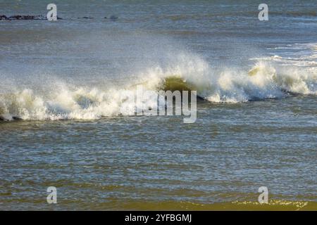 Briser les vagues avec les embruns de la mer soufflés à Sturmvogelbucht, Namibie. Banque D'Images