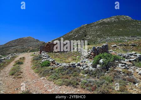 Vestiges d'une colonie sur le plateau de Pano Meri, Tilos, îles du Dodécanèse, sud de la mer Égée, Grèce. Banque D'Images