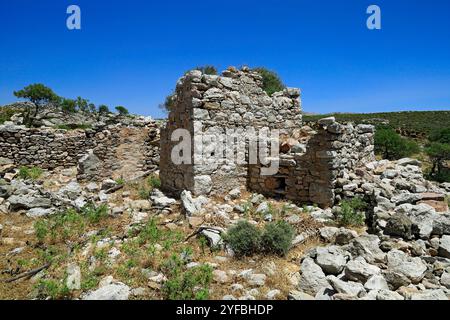 Vestiges d'une colonie sur le plateau de Pano Meri, Tilos, îles du Dodécanèse, sud de la mer Égée, Grèce. Banque D'Images