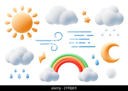 Icônes météo de dessin animé 3D. Mignon soleil, lune et étoiles, nuages et arc-en-ciel dans le style des enfants en plastique. Symbole du croissant et du vent. Forme d'argile tridimensionnelle Illustration de Vecteur