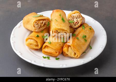 Crêpes ou crêpes fines farcies de poulet et de champignons dans une assiette Banque D'Images