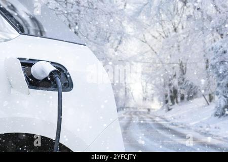 Gros plan de l'entrée de voiture électrique sur un fond de forêt d'hiver enneigée .. Banque D'Images