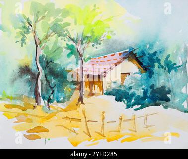 Beau paysage de maison de village et d'arbres avec feuillage vert. Art aquarelle peint à la main créé avec de la peinture aquarelle et des pinceaux. Village indien. Banque D'Images