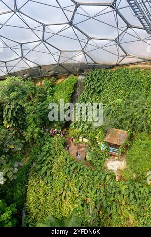 Vue vers le bas depuis la plate-forme Rainforest Lookout dans le dôme Rainforest Biome à l'Eden Project, Cornwall, Royaume-Uni, mars. Banque D'Images