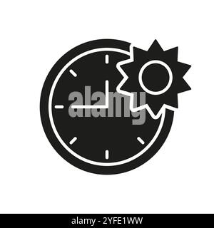 Activité de jour glyphe icône, horloge et soleil symbolisant les activités de jour et la productivité, planification et gestion du temps concept. Vecteur isolé Illustration de Vecteur