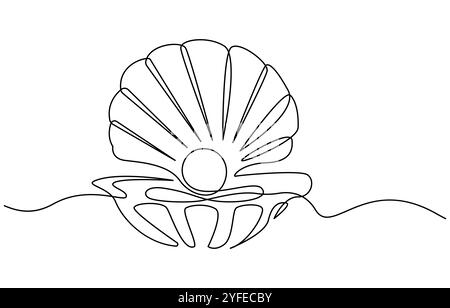 Dessin continu à une ligne d'une coquille d'huître ouverte avec perle. Symbole de coquillage et bannière de spa de beauté et salon de bien-être dans un style linéaire simple Illustration de Vecteur