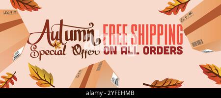 feuilles d'automne et paquet d'expédition. offre spéciale d'automne livraison gratuite sur toute l'illustration vectorielle de modèle de bannière web de commande. Illustration de Vecteur