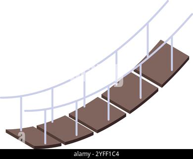 Pont suspendu en bois simple avec garde-corps en métal reliant deux côtés, isolé sur fond blanc, vue isométrique Illustration de Vecteur