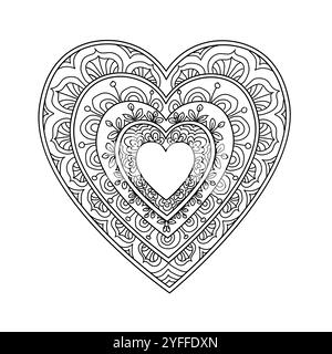 Dessin de style zentangle Doodle orné de coeurs. Carte de voeux amour romantique Saint-Valentin. Encre noire isolée sur blanc. Page à colorier adulte antistress Illustration de Vecteur