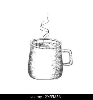 Tasse de silhouette de cacao et vecteur de contour avec vapeur. Illustration graphique. Cacao sur papier d'emballage, sacs, plats, textiles du nouvel an, décor, tableau Banque D'Images