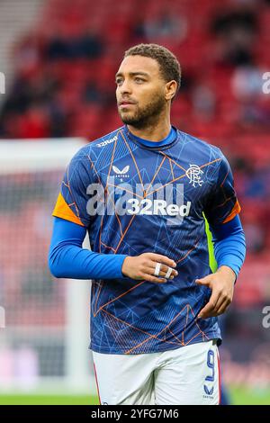 Cyriel Dessers, footballeur professionnel, joue actuellement avec le Rangers FC, un club écossais de premier rang basé à Glasgow. Banque D'Images